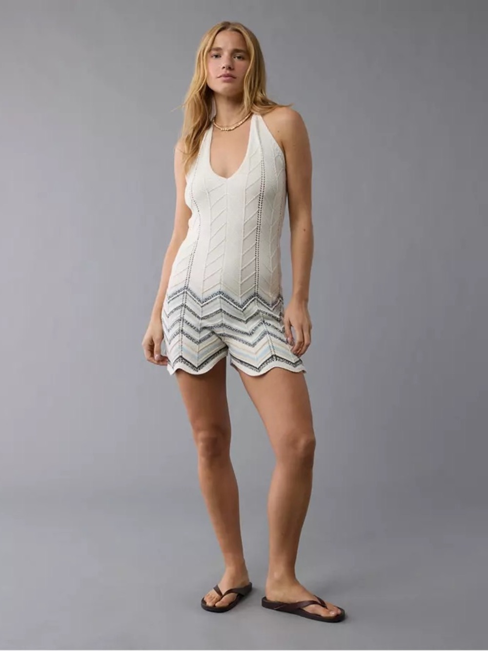 American Eagle Outfitters Cream Knit Halter Romper with Subtle Blue Stripe